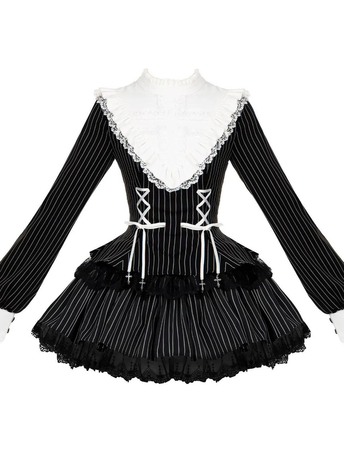 Striped Sweet Lolita Ruffle Dress Set with Slim Panel Cut