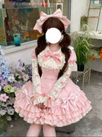 Pink Stripe Sweet Lolita OP Dress Full Set with Hat & Detachable Sleeves