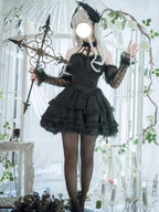 Elegant Black Gothic Lolita Halter JSK Dress with Sleeves & Hair Clip