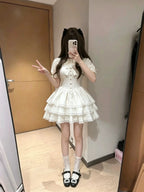Cute Apricot Sweet Lolita Dress Short Sleeve Tiered JSK Petticoat Set