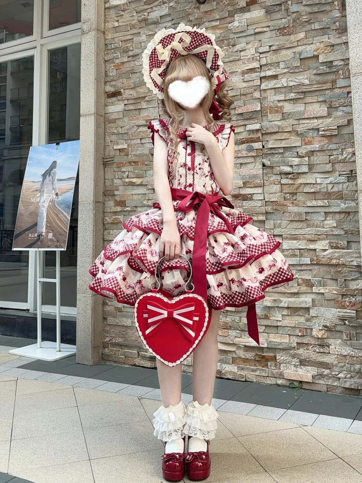 Sweet Cherry Lolita Tiered Dress Set with Bonnet