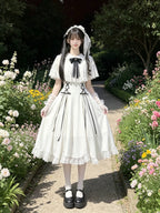 Elegant White Classic Lolita Dress Short Sleeve Midi JSK Full Set