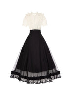 Black Off-White Color Block Lolita Long Dress with Rhinestone Necktie