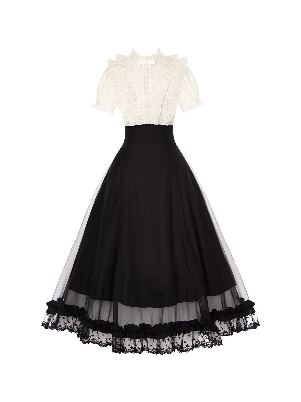 Black Off-White Color Block Lolita Long Dress with Rhinestone Necktie