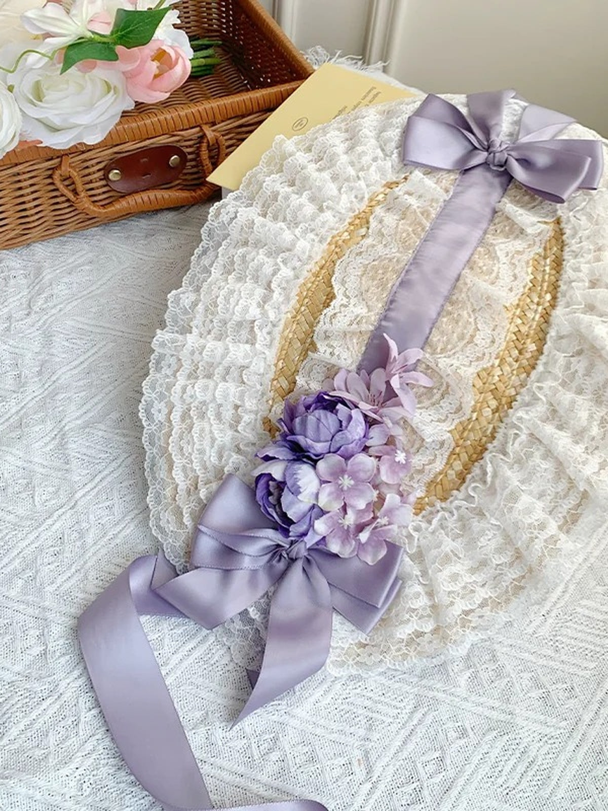 Purple Country Lolita Floral Print OP with Matching Flat Hat