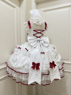 Red & White Lolita JSK Dress with Back Bow & Veil | Strappy Gown