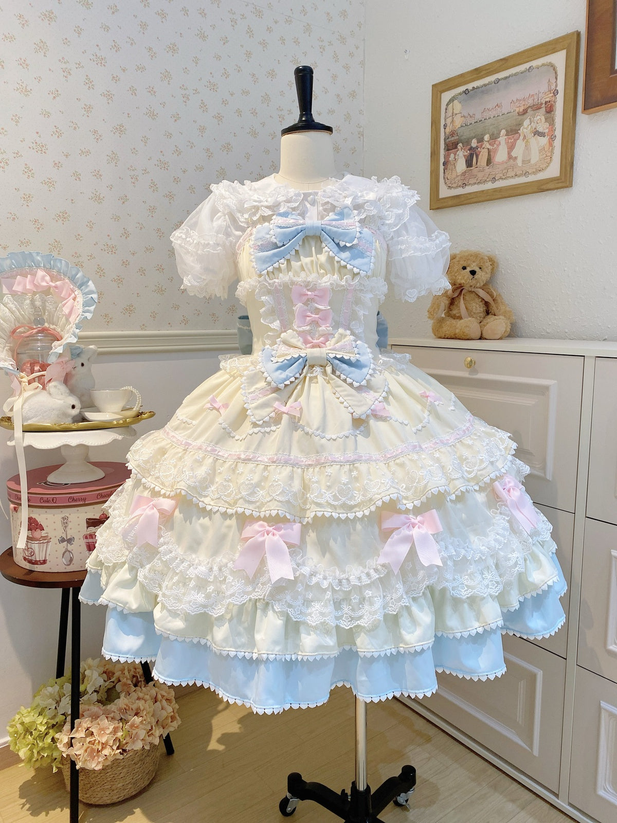 Cute Yellow Blue Lolita JSK Dress Set with Bonnet | Sweet Gown
