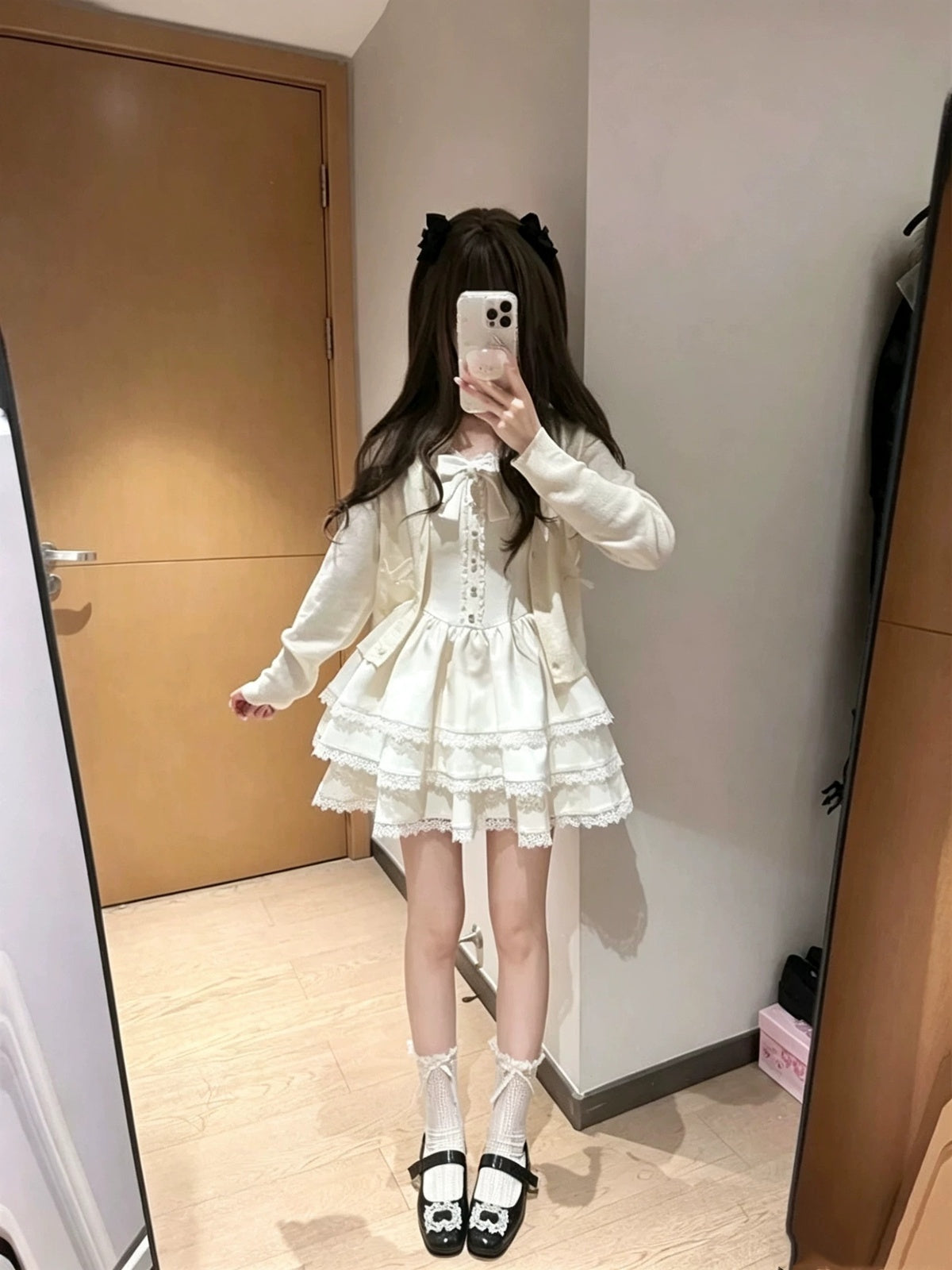 Cute Apricot Sweet Lolita Dress Long Sleeve Cardigan Mini JSK Set