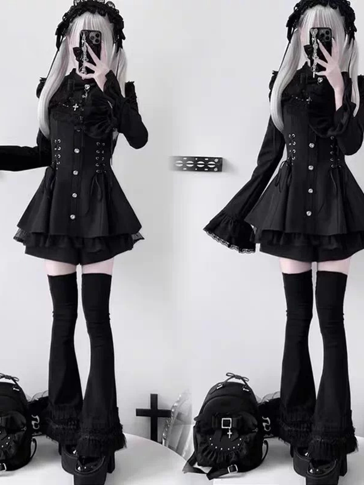 Black Gothic Lolita Nun Dress Set - Jirai Kei Subculture Outfit