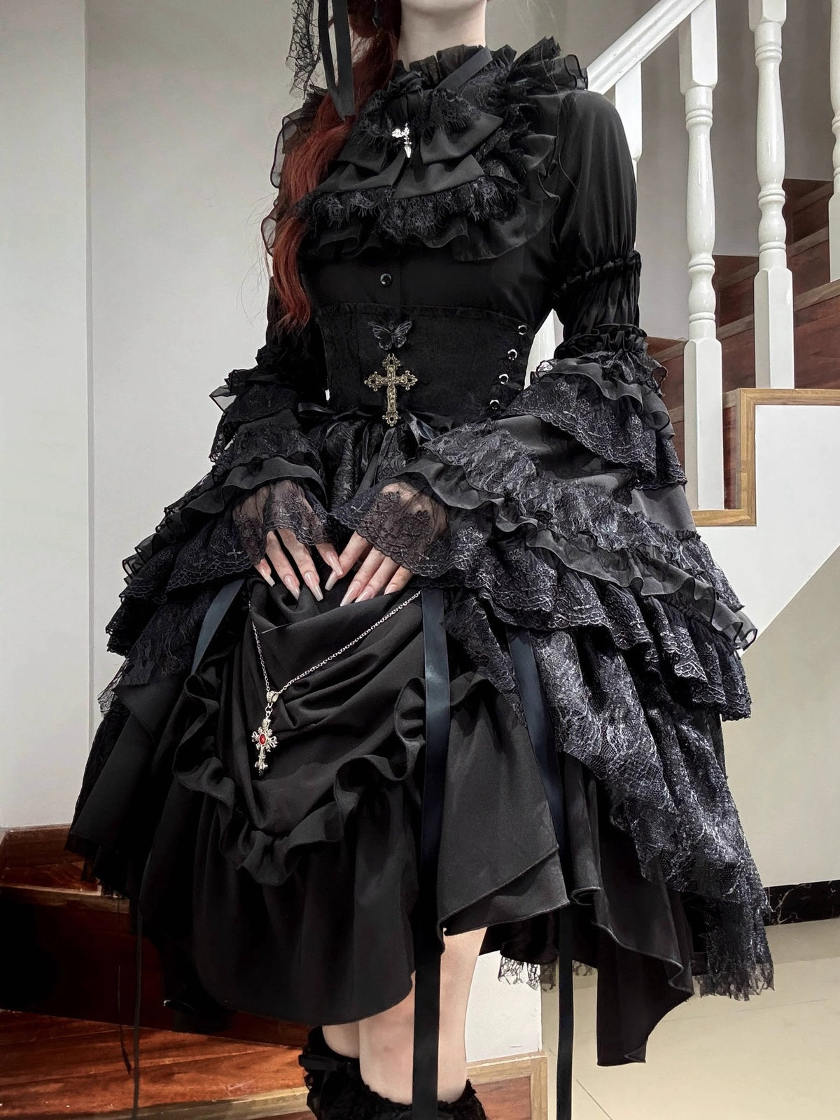 Gothic Black Cross Lolita Dress Set with Blouse, Corset & Petticoat