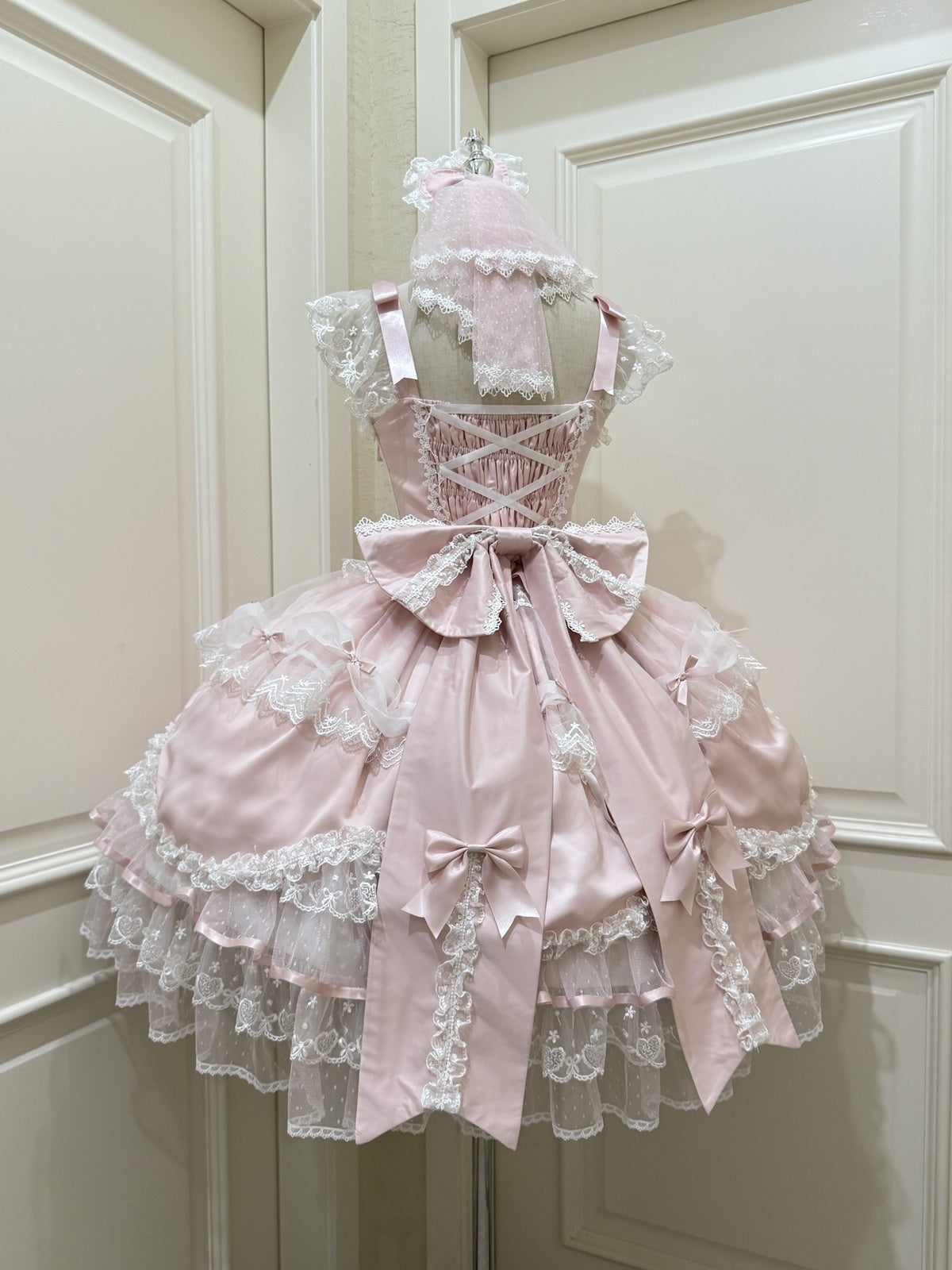 Pink Lolita JSK Dress with Back Bow & Veil | JSK Strappy Gown