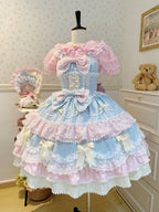 Cute Blue Pink Lolita JSK Dress Set with Bonnet | Sweet Gown