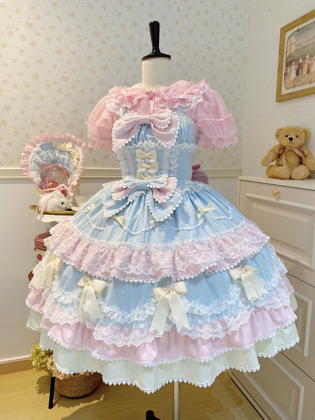 Cute Blue Pink Lolita JSK Dress Set with Bonnet | Sweet Gown