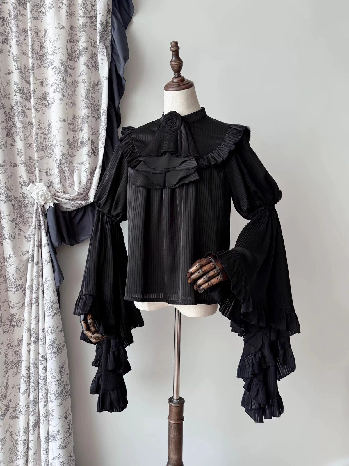 Gothic Black Lolita Skirt Set: Dark Hime Sleeve Blouse & Corset