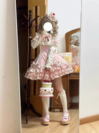 Pink Stripe Sweet Lolita OP Dress Full Set with Hat & Detachable Sleeves