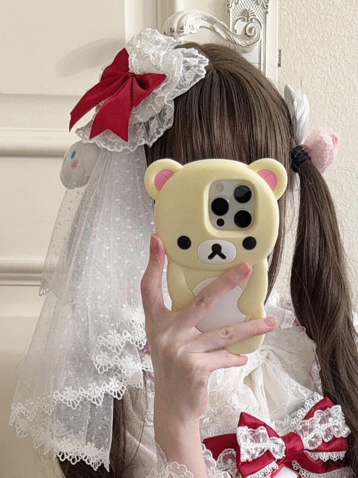 Red & White Lolita JSK Dress with Back Bow & Veil | Strappy Gown