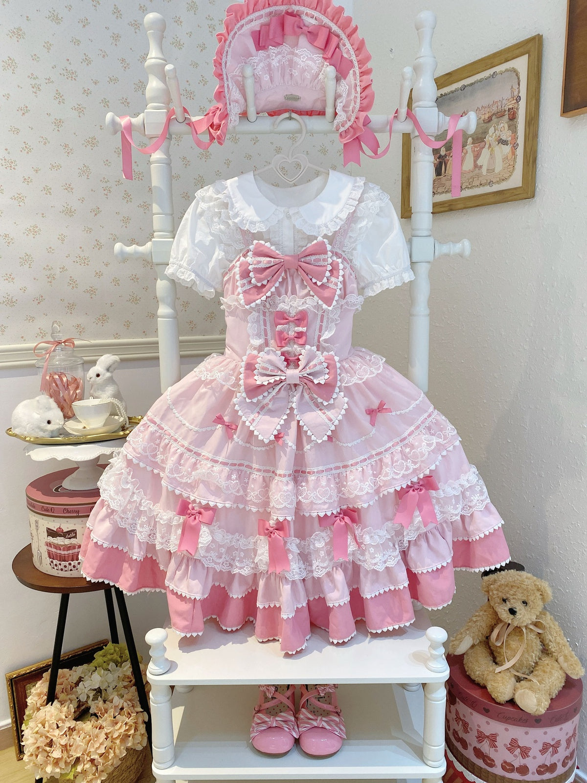 Sweet Pink Lolita JSK Dress Set with Bonnet | Cute Gown