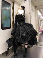 Gothic Black Cross Lolita Dress Set with Blouse, Corset & Petticoat