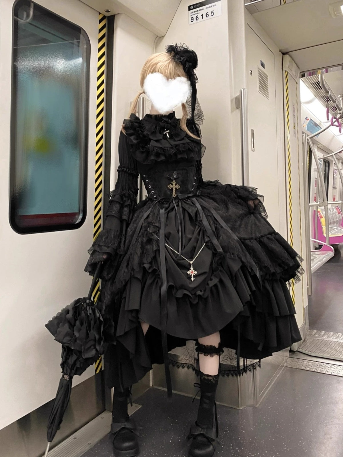 Gothic Black Cross Lolita Dress Set with Blouse, Corset & Petticoat