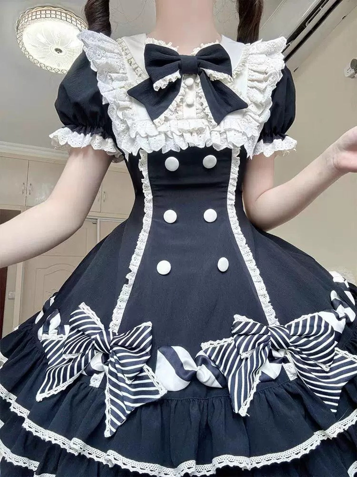Black Stripe Sweet Lolita OP Dress Full Set with Hat & Detachable Sleeves