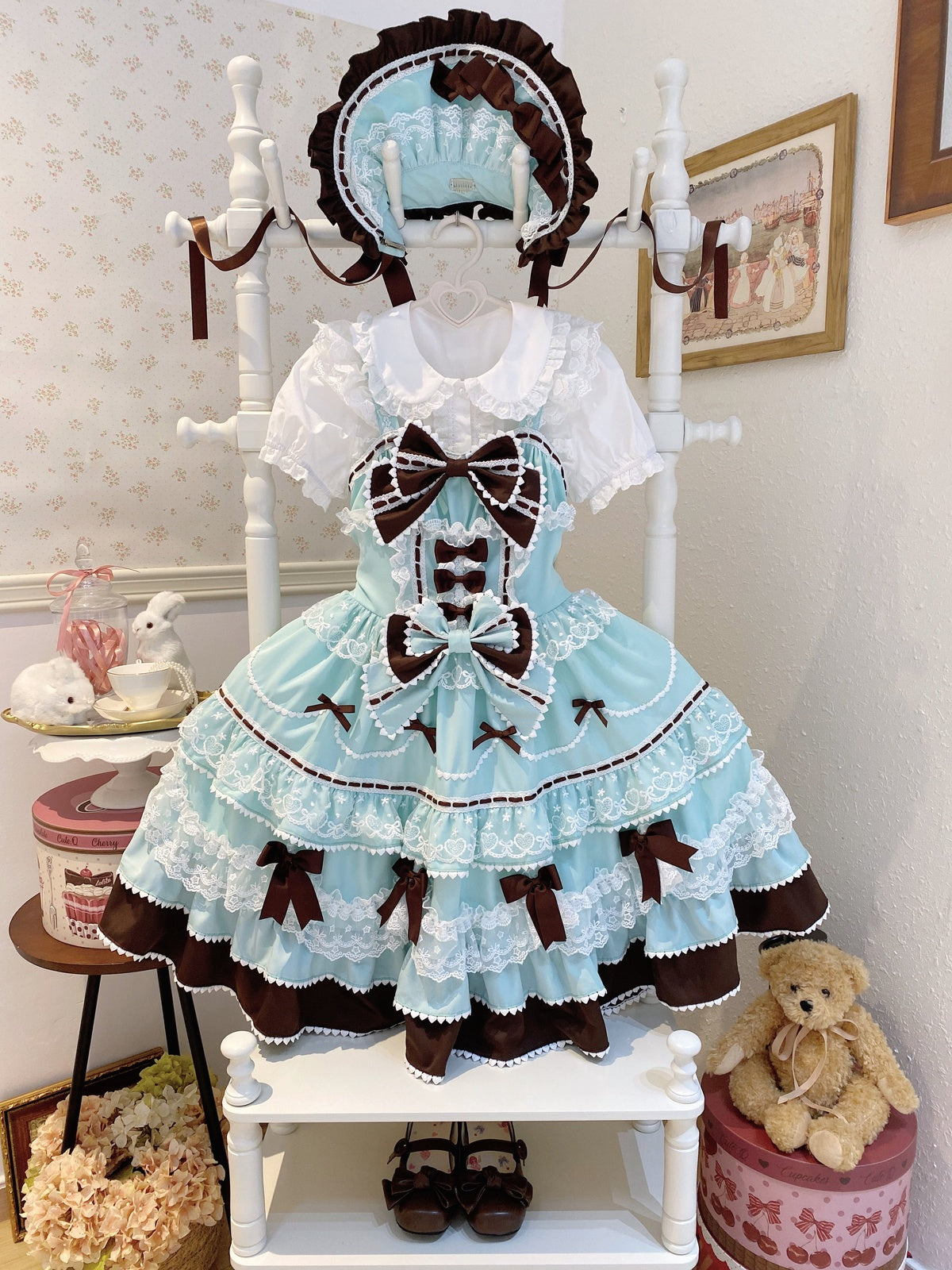 Mint Chocolate Lolita JSK Dress Set with Bonnet | Cute Gown