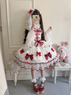 Red & White Lolita JSK Dress with Back Bow & Veil | Strappy Gown
