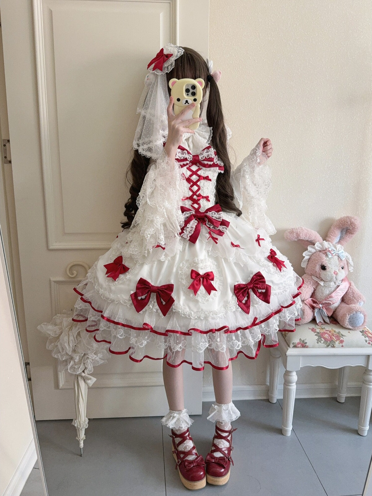 Red & White Lolita JSK Dress with Back Bow & Veil | Strappy Gown