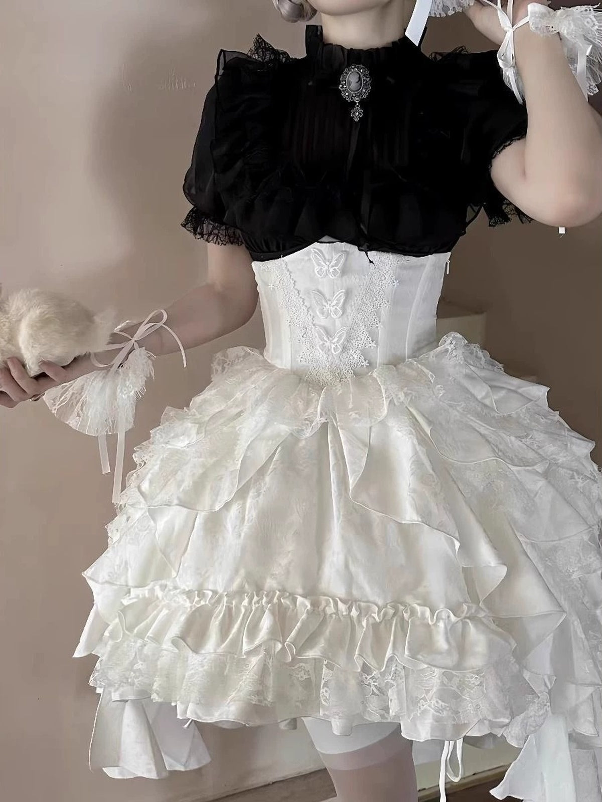 Gothic Lolita Dress Set - Black Blouse & White Corset Skirt