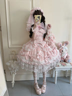 Pink Lolita JSK Dress with Back Bow & Veil | JSK Strappy Gown