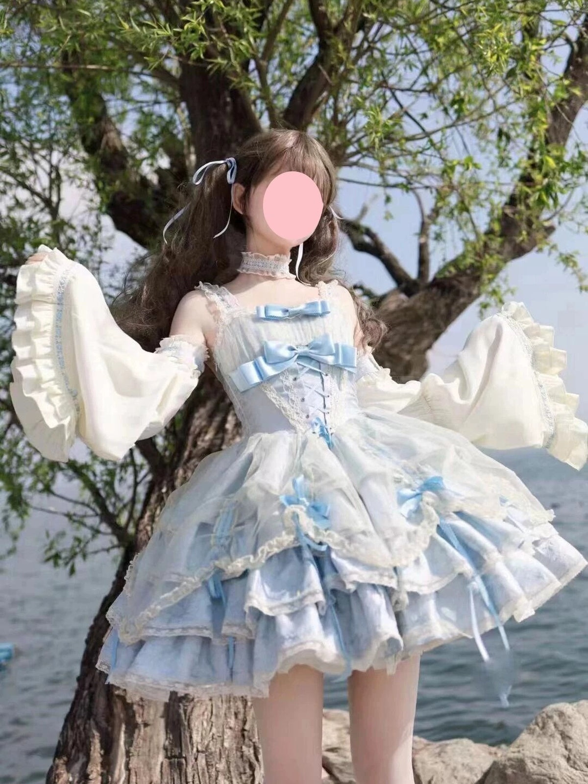 Sweet Blue & Apricot Lolita JSK Dress: Princess Ballet Gown Set