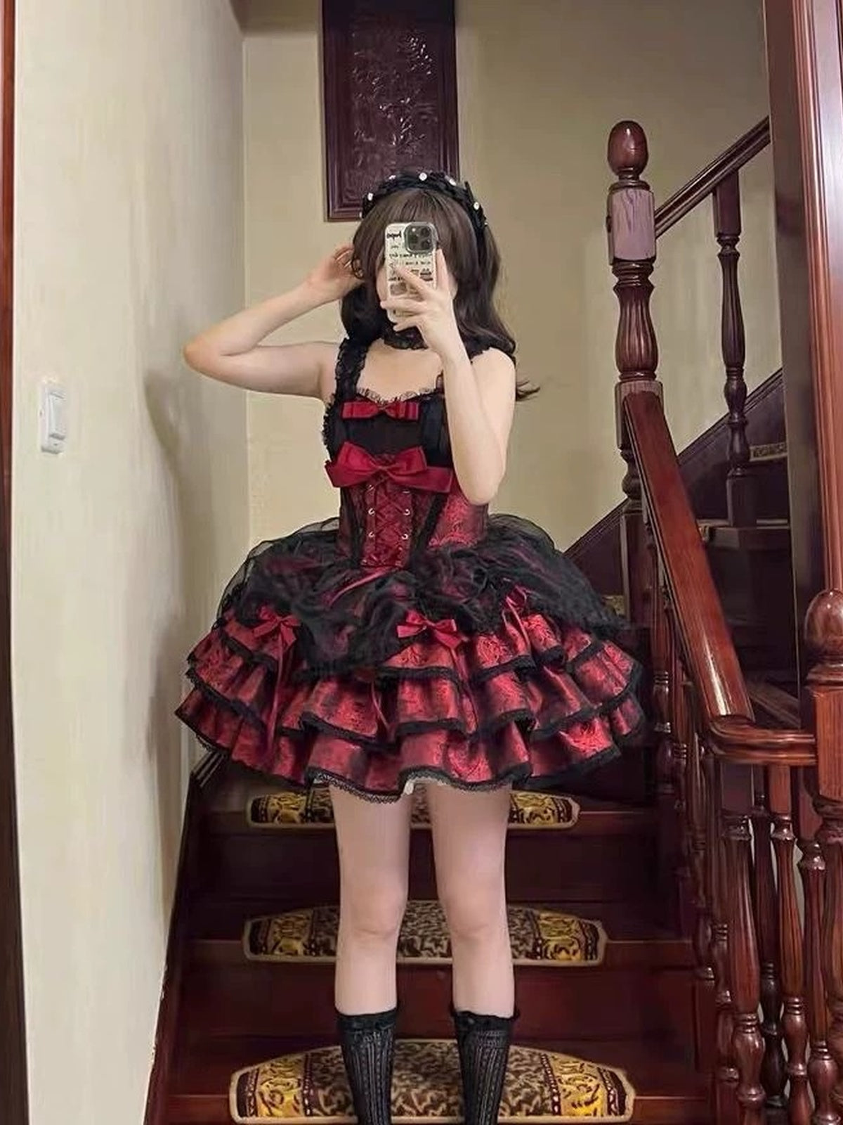 Dark Gothic Red & Black Lolita JSK Dress: Princess Ballet Gown