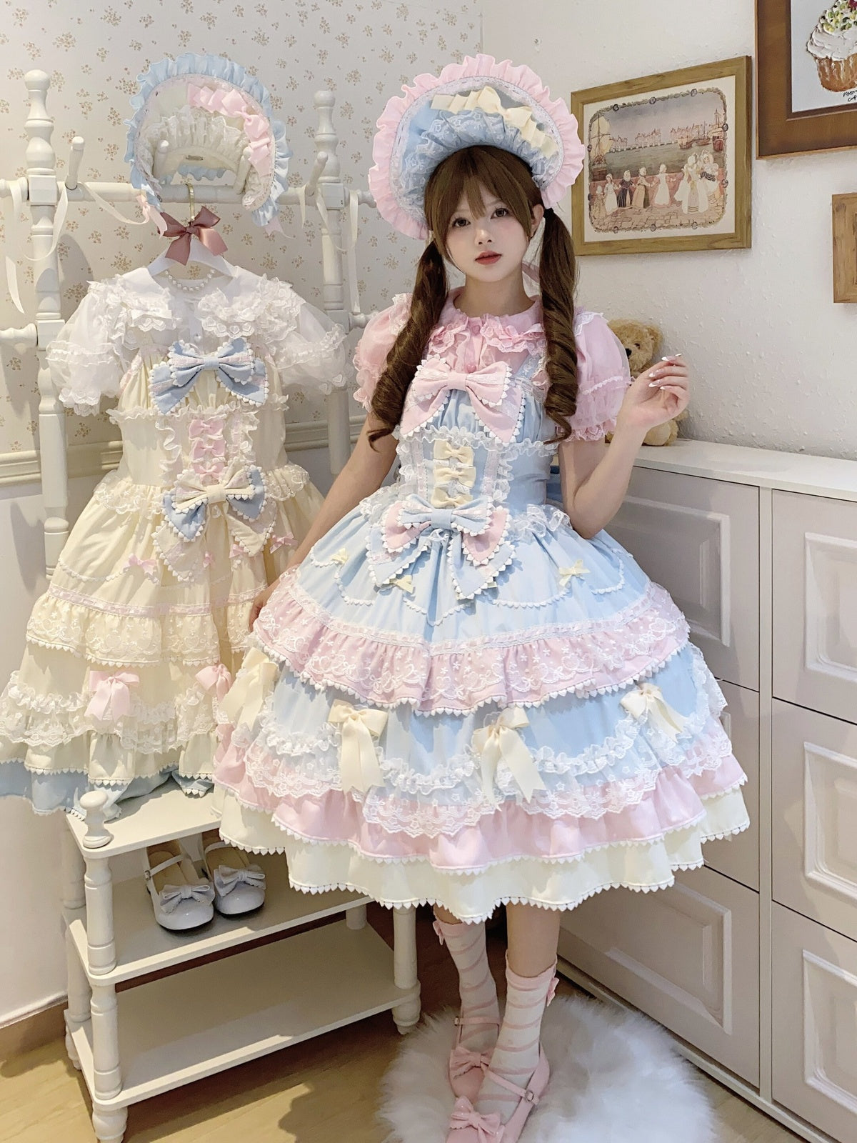Cute Blue Pink Lolita JSK Dress Set with Bonnet | Sweet Gown
