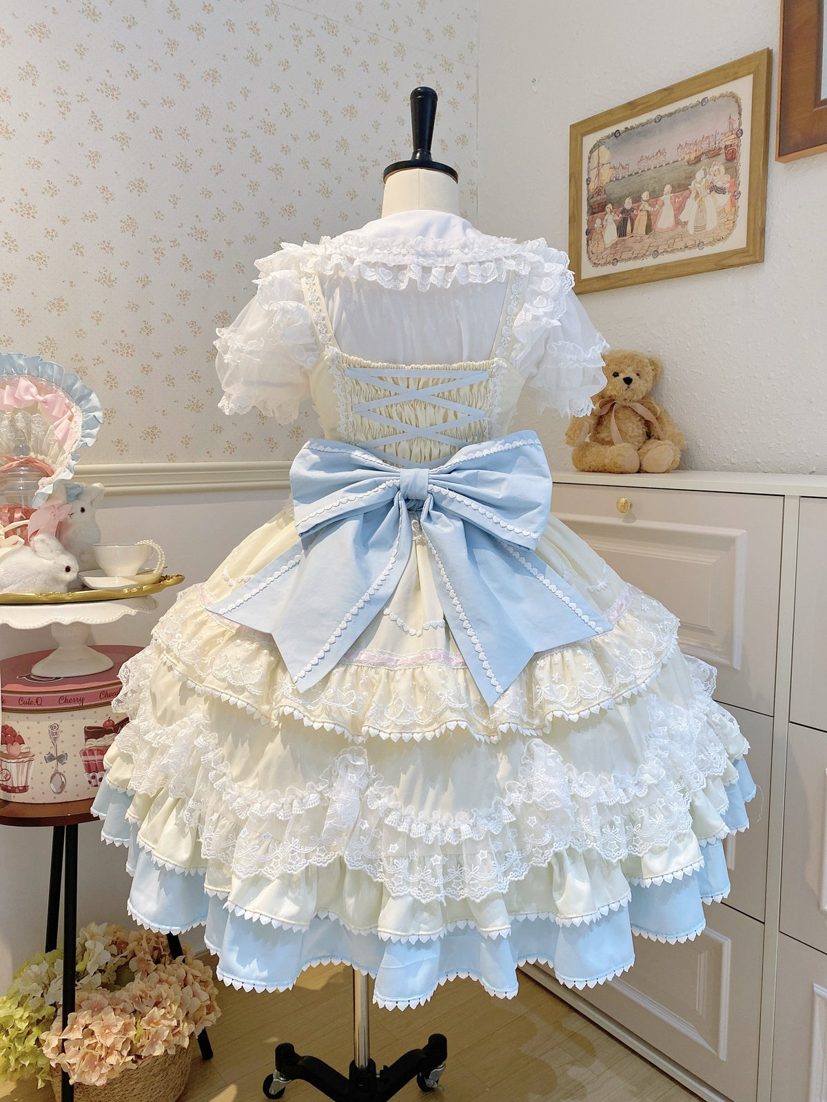 Cute Yellow Blue Lolita JSK Dress Set with Bonnet | Sweet Gown