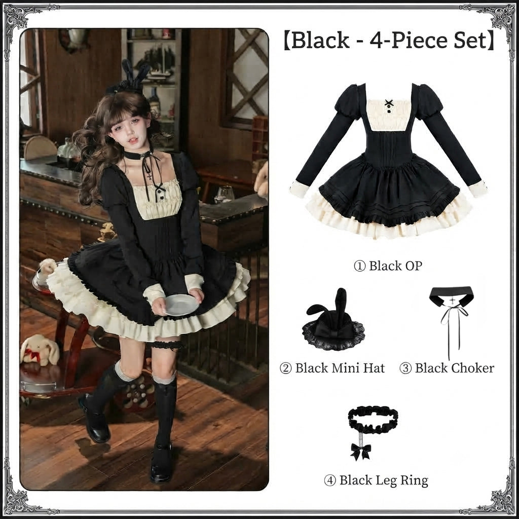 Black Vintage Square Neck Lolita OP Set with Leg Ring & Choker