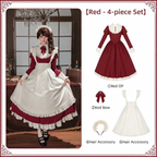 Red Elegant Maid Lolita OP Set with Apron, Necktie & Headband