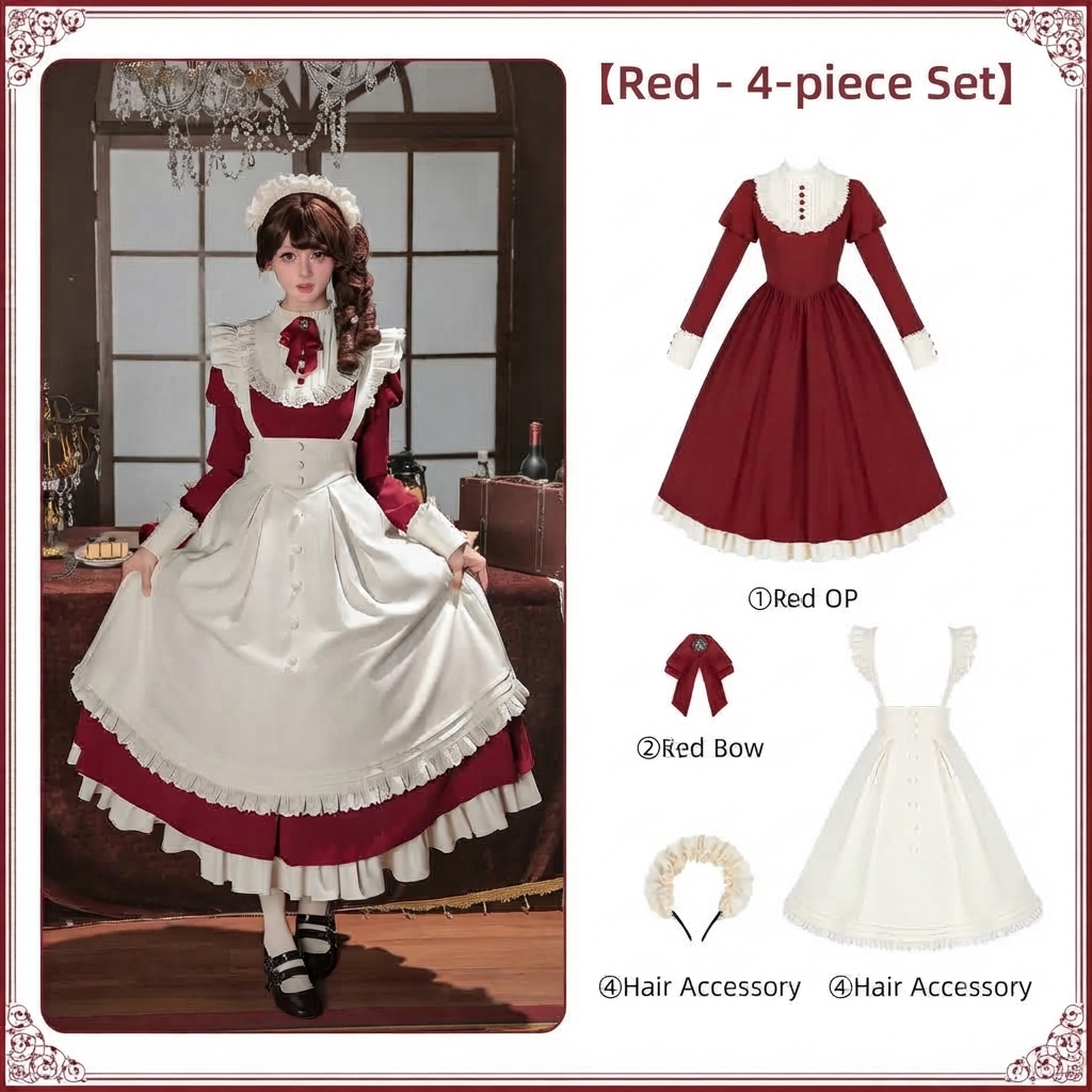 Red Elegant Maid Lolita OP Set with Apron, Necktie & Headband