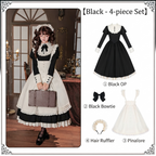 Black Elegant Maid Lolita OP Set with Apron, Necktie & Headband