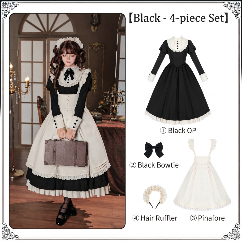 Black Elegant Maid Lolita OP Set with Apron, Necktie & Headband