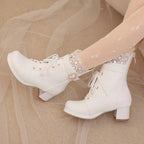 32-48 Lace Up Square Platform Ankle Boots Bow Ruffles Lolita Shoes | CoyBunny