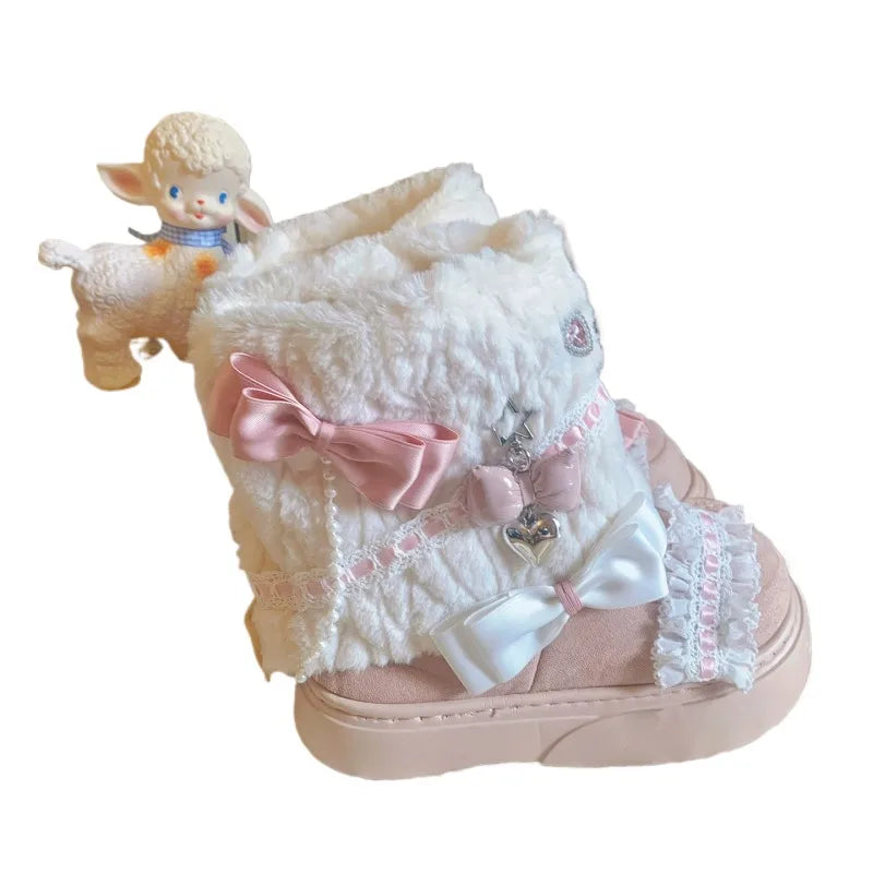 37-40 Sweet Winter Warm Bow Rabbit Fur Thick Snow Boots | CoyBunny