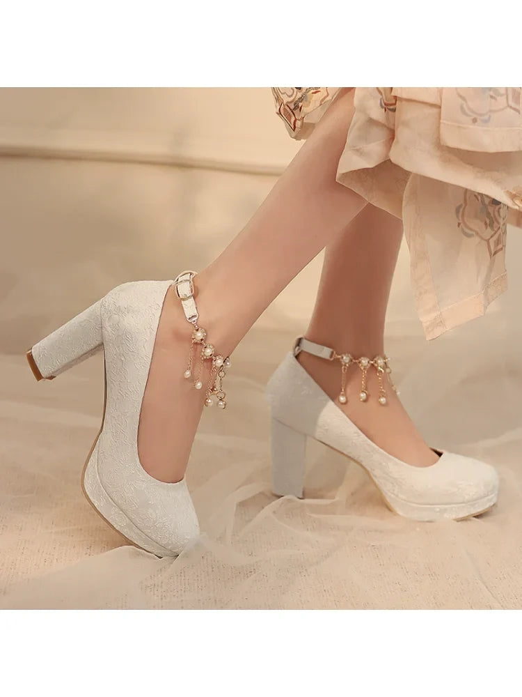 34-46 Elegant Cheongsam Round Toe Pearl One-piece High Heels | CoyBunny