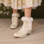31-43 Zipper Flower Beads Rabbit Fur Round Toe Block Heels | CoyBunny