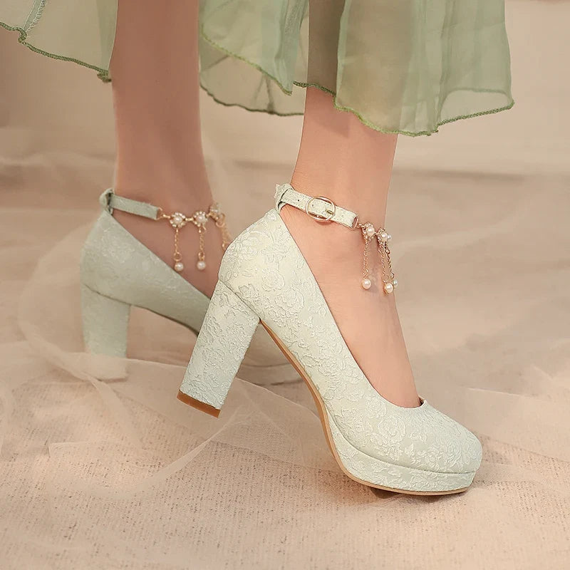 34-46 Elegant Cheongsam Round Toe Pearl One-piece High Heels | CoyBunny