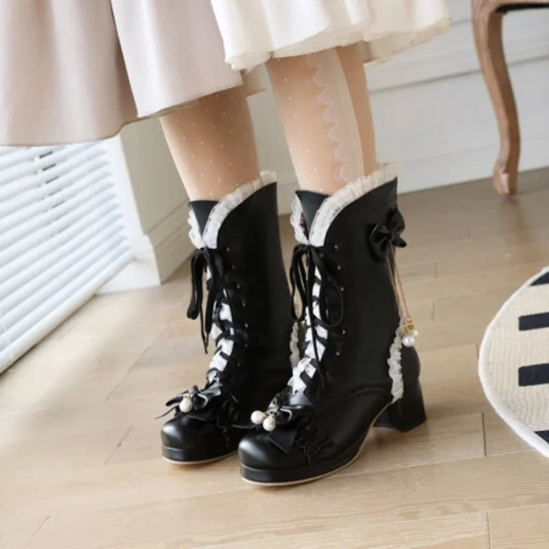 Cross Lace Bow High Heel Boots - Lolita Party Shoes | CoyBunny