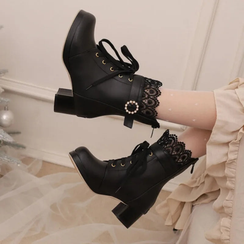 32-48 Lace Up Square Platform Ankle Boots Bow Ruffles Lolita Shoes | CoyBunny