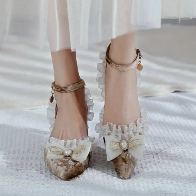 35-45 Red Metal Rhinestone Pearl Sandals Velvet Lolita Princess Shoes | CoyBunny