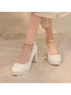 34-46 Elegant Cheongsam Round Toe Pearl One-piece High Heels | CoyBunny