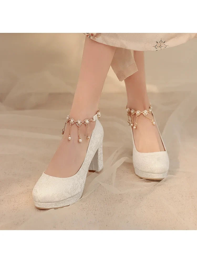 34-46 Elegant Cheongsam Round Toe Pearl One-piece High Heels | CoyBunny