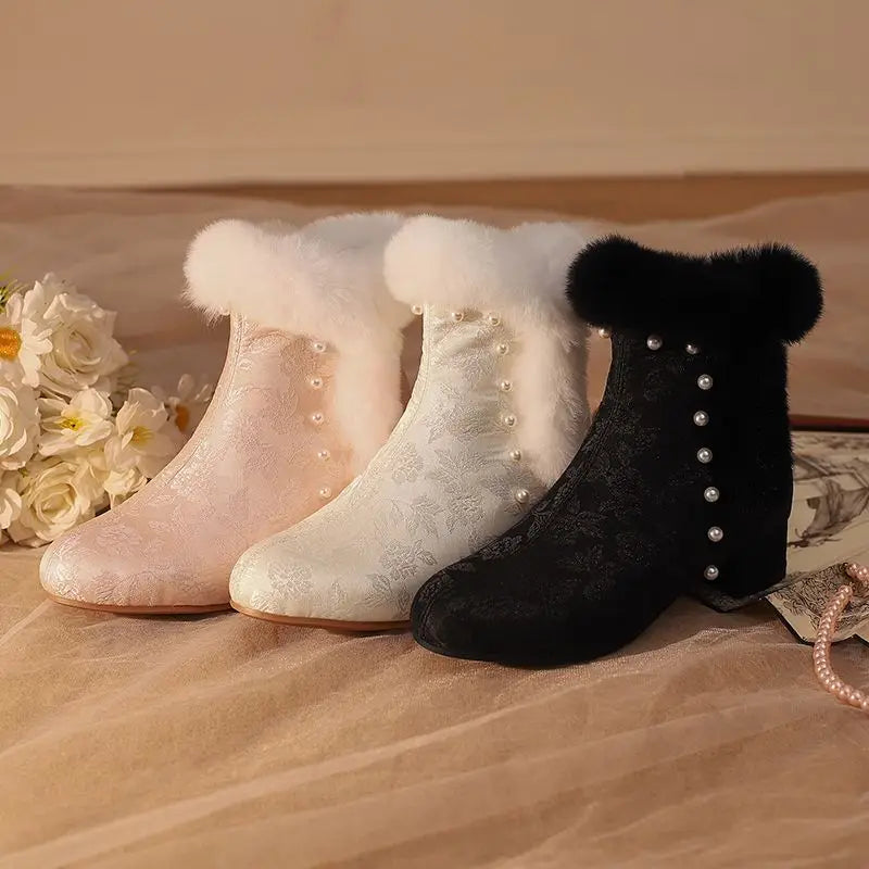 31-43 Zipper Flower Beads Rabbit Fur Round Toe Block Heels | CoyBunny