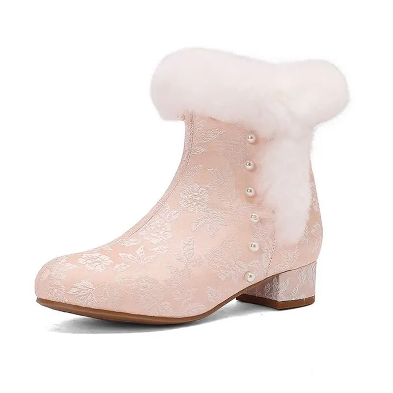 31-43 Zipper Flower Beads Rabbit Fur Round Toe Block Heels | CoyBunny